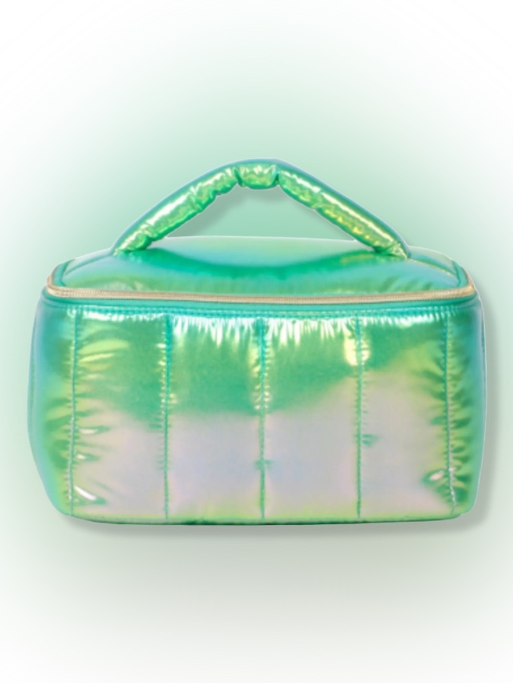 NWT Garnier Iridescent Puffer Quilted Cosmetic Travel Train Case Bag Green 9"x5"